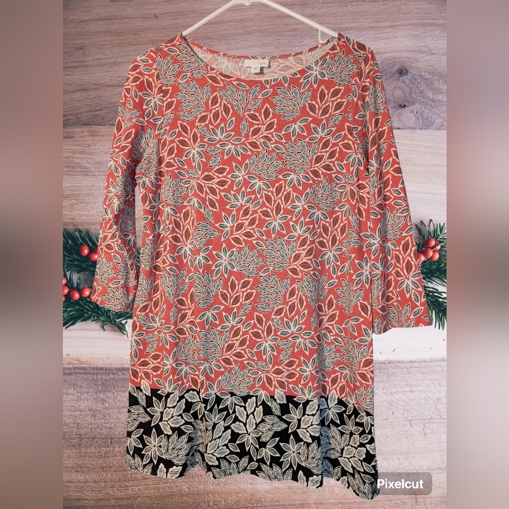 J.Jill Coral Black Leaf Print Tunic Top Small
